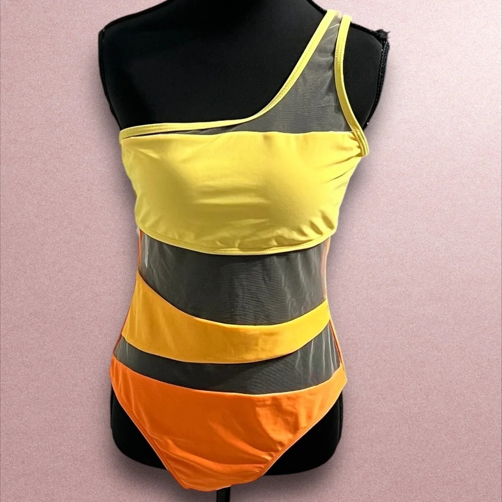 Colorblock One Shoulder Mesh‎ Cutout One Piece Swimsuit Yellow Orange High Leg L